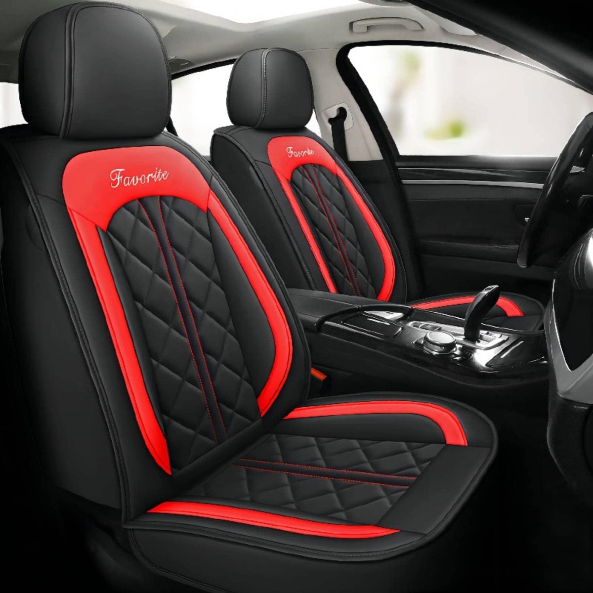 Black Red Synthetic Leather 5-Seater Full Set Car Seat Covers K643655