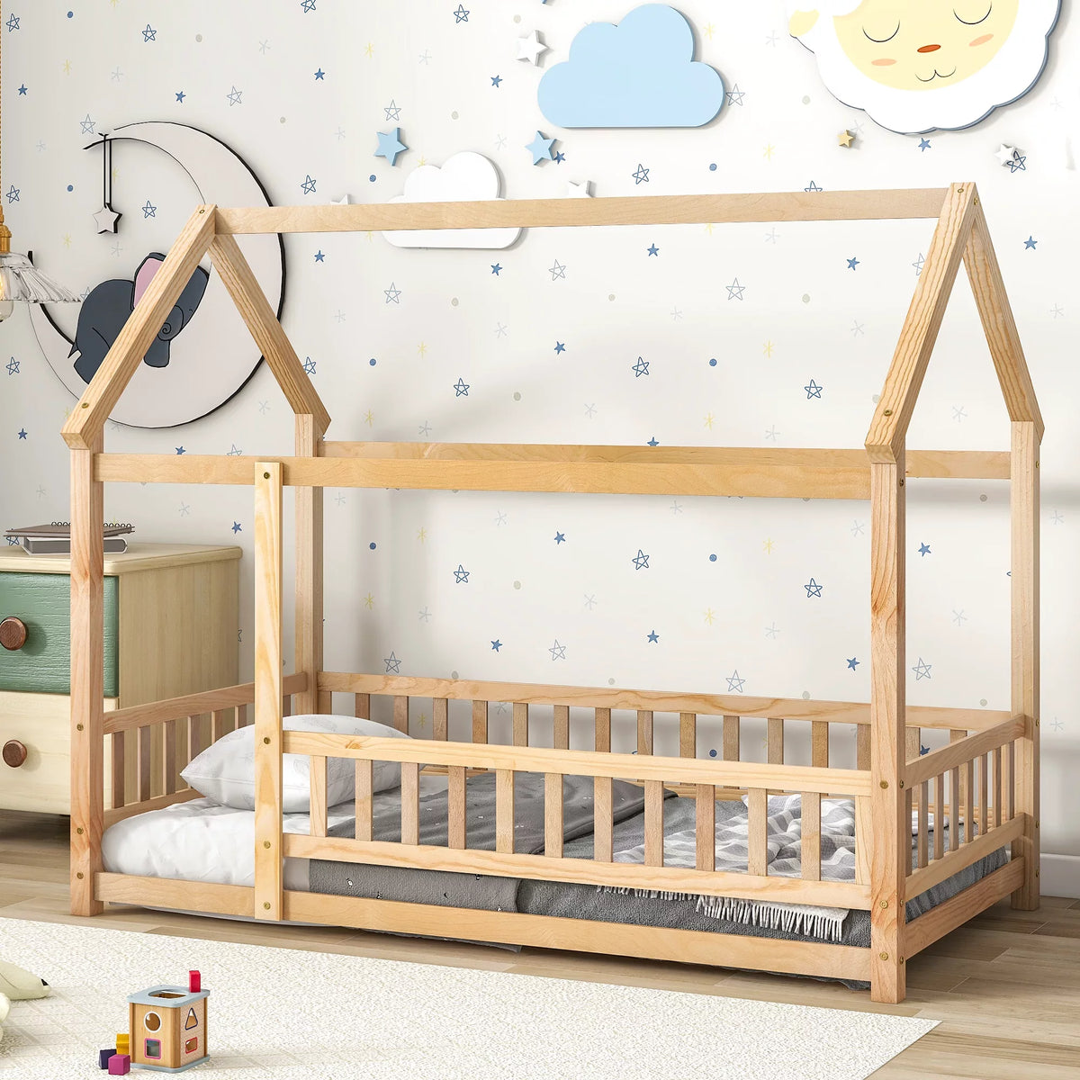 Twin Size Wood House Floor Bed with Fence Guardrails O603092