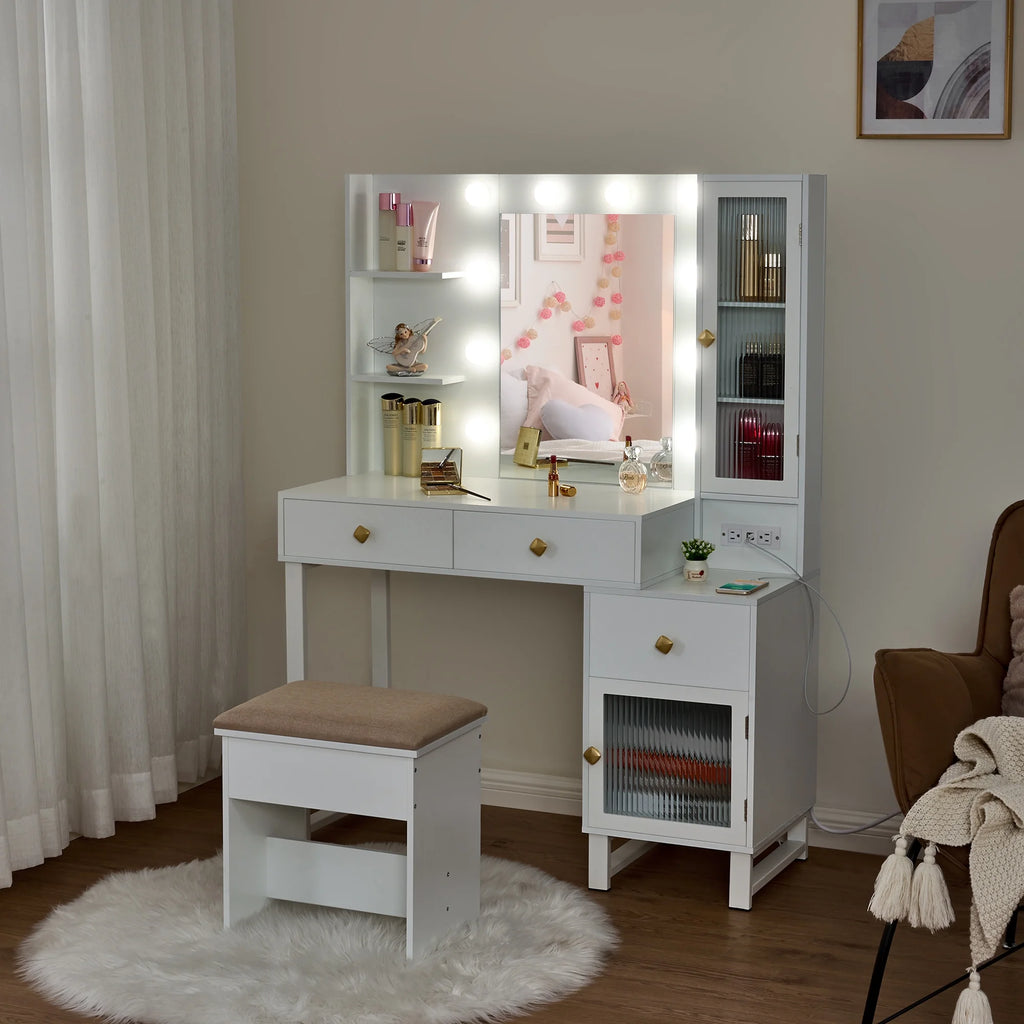 White Vanity Desk with Lights, Mirror and Drawers I974