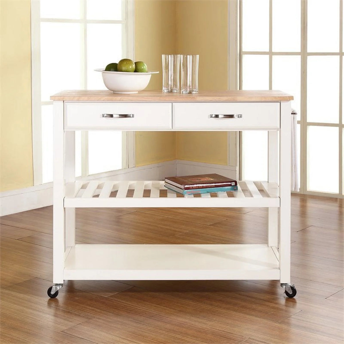 2-Drawer Wood Kitchen Cart Island in White/Natural R94698