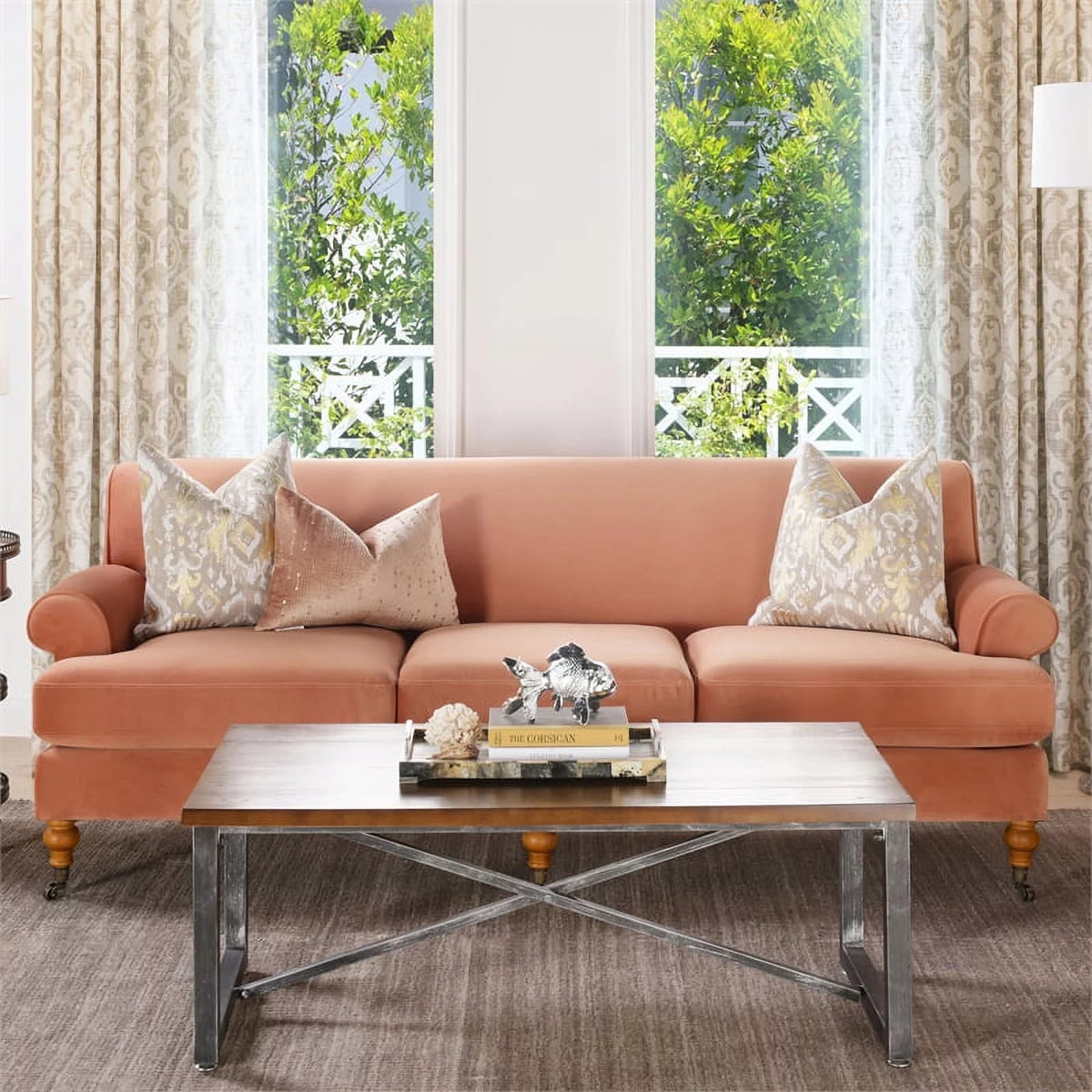 Peach Orange Hardwood Sofa with Metal Casters R104257