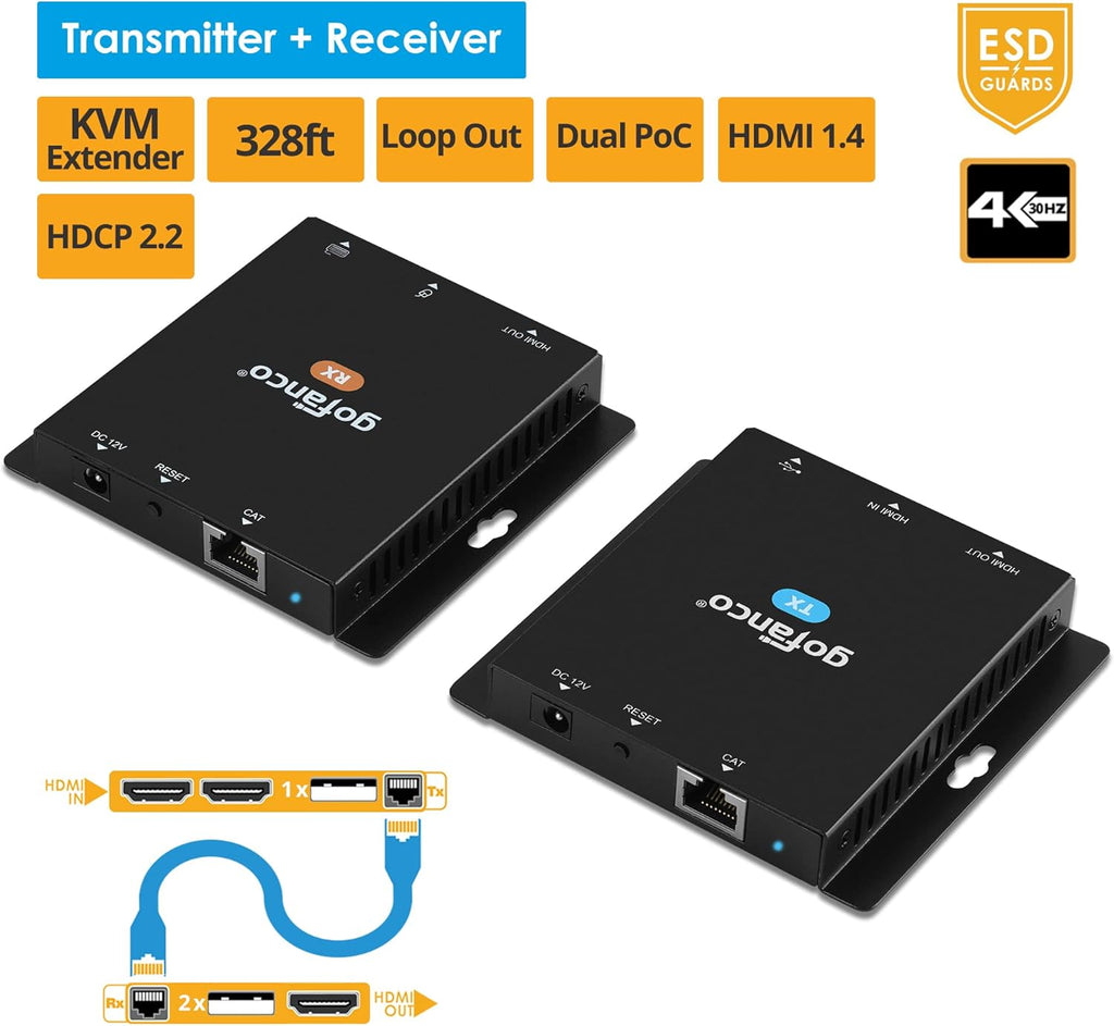 USB KVM and HDMI 1.4 Over CAT6 / CAT7 Extender, 328ft Extension, 4K @30Hz, 2X USB Keyboard/Mouse, HDMI Loopout, Dual PoC, HDCP 2.2, ESD Protection F735