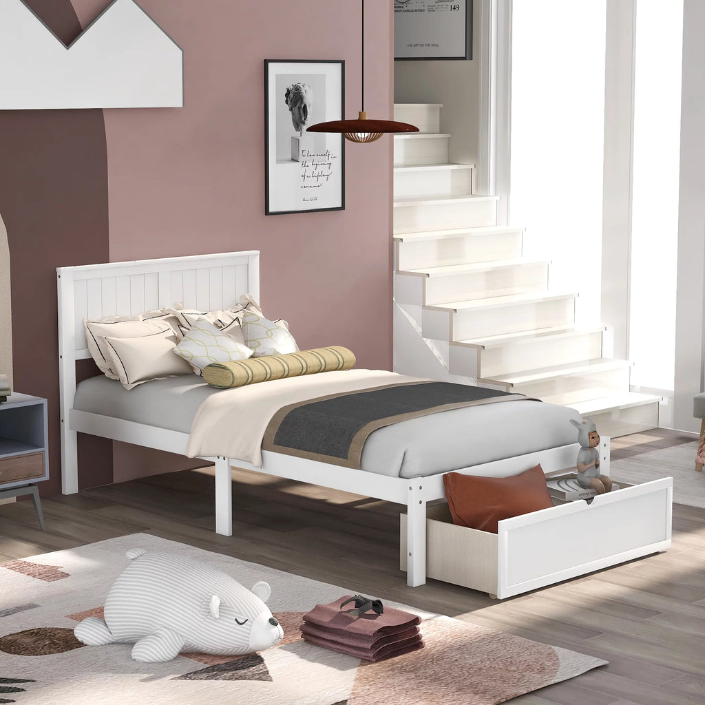 White Twin Wood Platform Bed with Headboard and Storage Drawer C289363