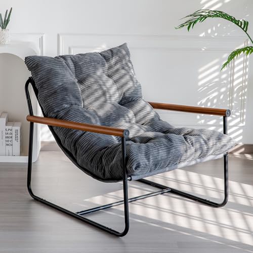 Beige Upholstered Accent Chair with Wooden Armrest E57352